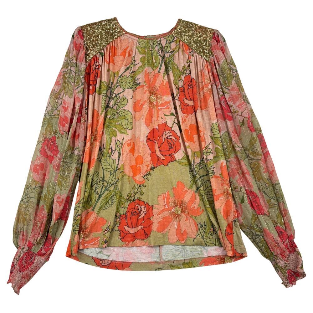 Blank London Anthropologie Blouse Top Size S Floral Sequin Metallic Puff Sleeve
